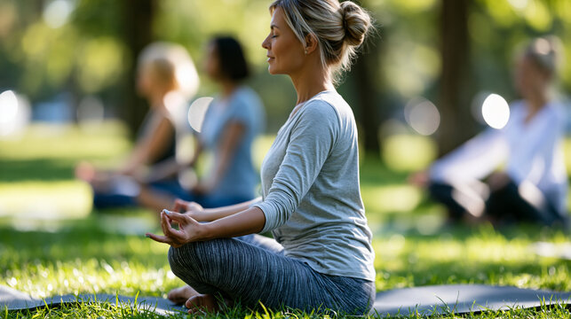 Faceless people group in park practicing yoga outdoor in active pastime with yoga lesson visitors and coach doing Janu Shirshasana during sports practice in nature, outdoor yoga