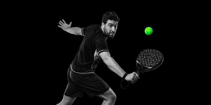 Padel player at outdoor court. Open social tour template. Mockup for social media events with copy space.