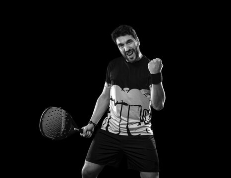 Padel player at outdoor court. Open social tour template. Mockup for social media events with copy space.
