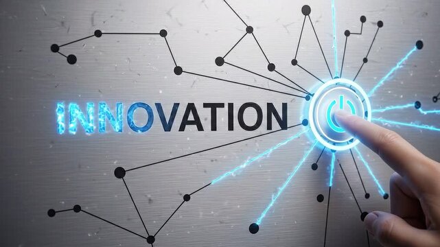 A finger pressing a glowing power button next to the word innovation