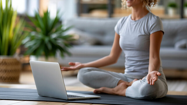 Faceless happy woman with laptop doing yoga and waving on video call at home for exercise virtual class or health tips as female online fitness tutorial webinar, digital wellness