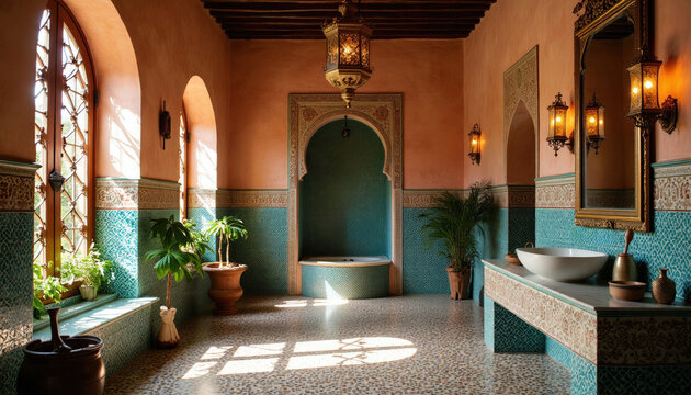 Luxury traditional Moroccan bathroom with ornate zellige tilework, mosaic pebble floor. Brass lanterns illuminate spacious room featuring vaulted ceiling, arched niche. Warm ambient light fills