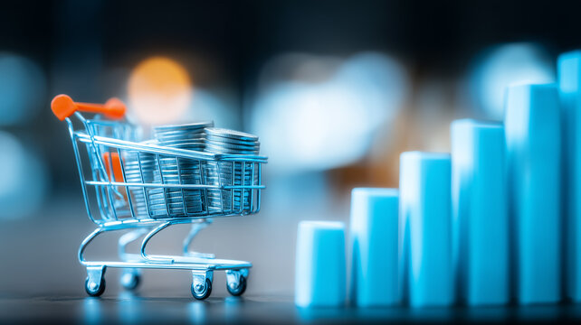 A shopping cart filled with coins stands beside a rising bar chart, symbolizing ecommerce growth, increasing sales, consumer demand, and profitable retail performance.

