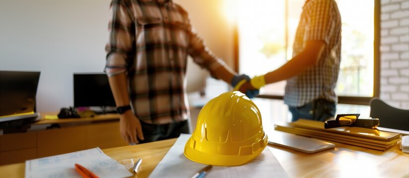 Partnership secured: Two men in business attire shake hands across a table, sealing a deal. A yellow hard hat rests prominently 