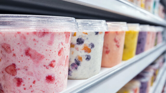 Colorful fruit yogurt tubs with clear lids on cold supermarket shelf, berry dairy desserts in plastic containers, refrigerated grocery display, fresh snack packaging, creamy texture retail