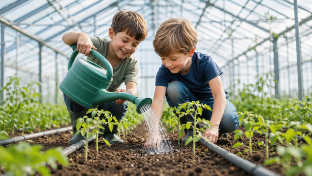 Children enjoying gardening while nurturing young plants in a vibrant greenhouse, sustainable agriculture education, future generation, bonding with nature, learning through play, teamwork outdoors
