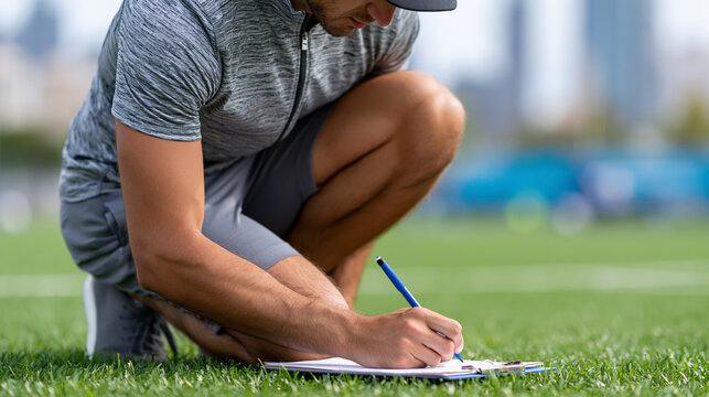 Faceless professional soccer coach squatting on green turf field writing strategy on clipboard during football training session, sports coaching concept, outdoor photography,