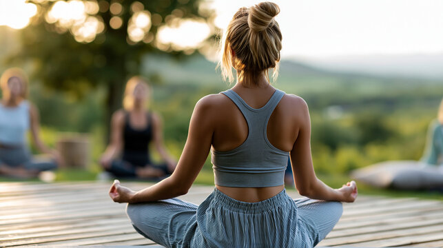Faceless yoga instructor demonstrating advanced balance pose to workshop participants on outdoor terrace overlooking green landscape during sunrise wellness retreat, outdoor yoga
