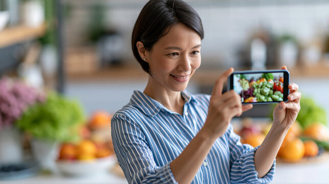 Faceless Asian woman anti-aging health expert vlogger giving live wellness advice on mobile phone camera representing online diet food and digital virtual coaching, health