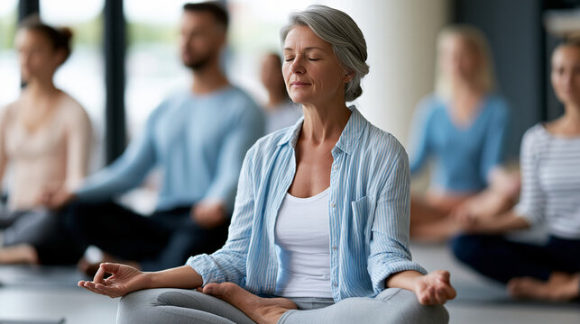 Faceless woman coach teaching group of people in yoga class indoors with eyes closed learning healthy habits in vertical format, mindfulness teaching concept, yoga photography,