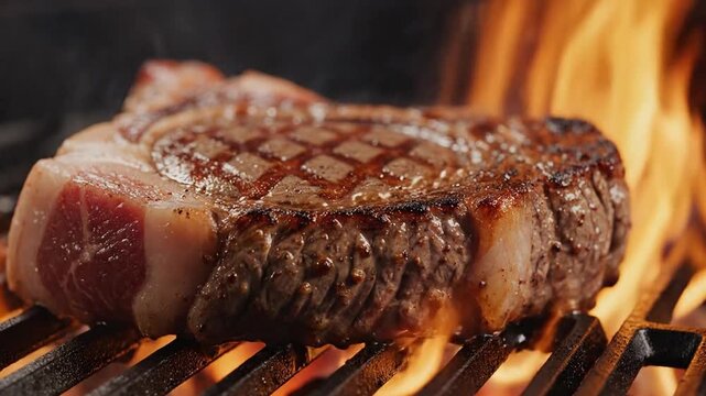 Juicy thick steak searing on a hot grill with bright orange flames, showcasing its highly tactile texture under dark, cinematic commercial lighting.