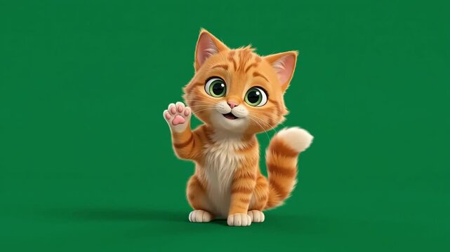 Cute Cartoon Cat Character on Green Screen Background
