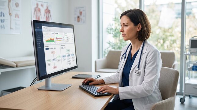 Female doctor in white coat using computer with medical dashboard in clinic office