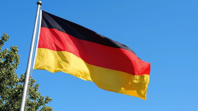 German flag waving in the wind against a clear blue sky