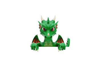 Fototapeta premium Highly detailed, whimsical 3d emerald green dragon mascot pointing down at a transparent stage with copy space, minimal shadows, concept for highlighting crucial data