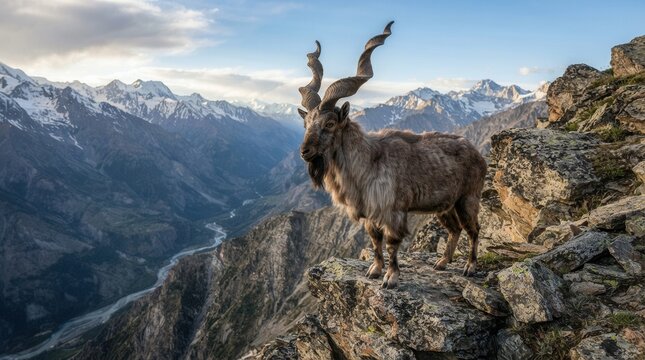 Majestic Markhor Goat Standing Proudly on a Rocky Mountain Peak.