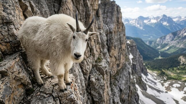 Majestic Mountain Goat Stands Proudly on a Steep Rocky Cliff Face.