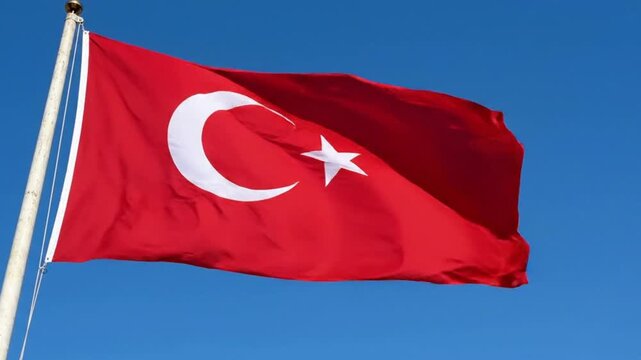 The national flag of turkey waving against a clear blue sky