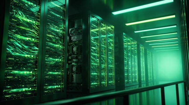 Server room with rows of glowing green lights and racks of servers