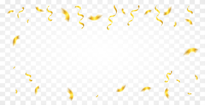 Golden Confetti and Streamer Ribbon Falling on Transparent Background. Festive Celebrations. Vector Illustration