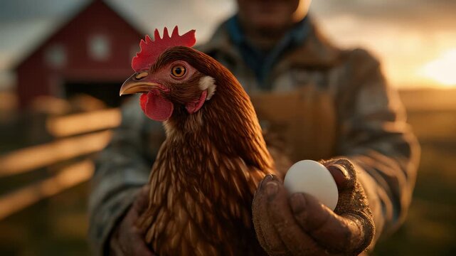 Farmer presenting a fresh egg while holding a healthy hen at a rural poultry farm during warm golden hour sunlight.