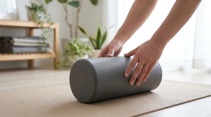 Fototapeta premium Close-up of hands using foam roller on yoga mat