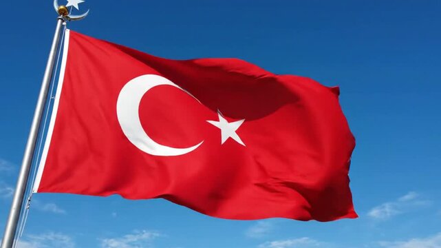 Waving flag of turkey against a clear blue sky