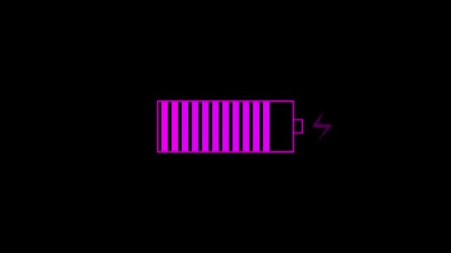 Looped battery charging down to full charging animation on black background. 4k 