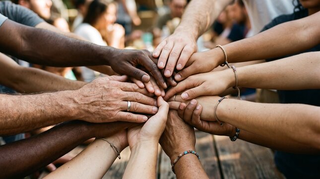 Diverse group of people stacking hands together showing unity and teamwork in a close up shot