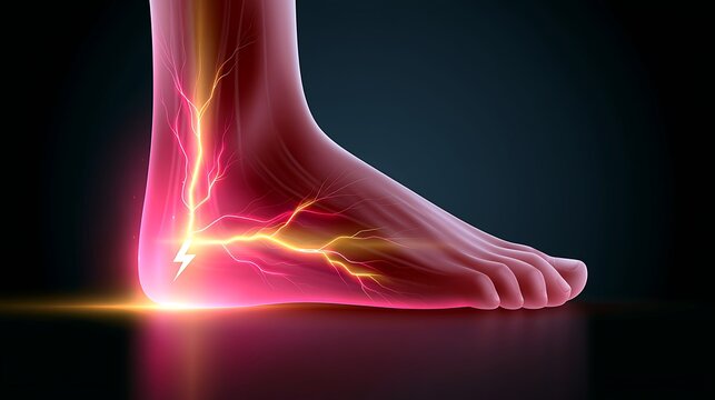 A digital illustration showing foot nerve pain with glowing lightning bolts. This visual represents symptoms of neuropathy or chronic foot pain for medical healthcare concepts.