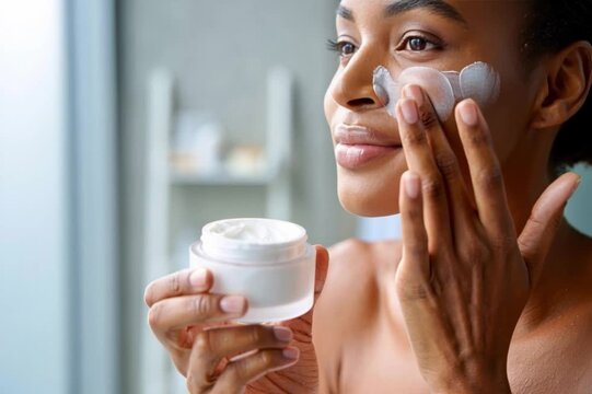 Closeup of dark skinned woman applying moisturizing face cream while holding cosmetic jar in bright bathroom. Clean beauty, daily skincare, hydration, self care, natural glow, copy space.