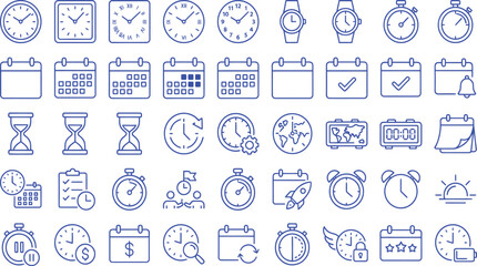 Fototapeta premium Collection of time management and scheduling flat line icons on a white background clock watches hourglass calendar stopwatch alarm timer