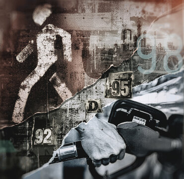 Fuel nozzle refueling a car at a gas station. Rising gasoline prices, the oil industry and fossil fuel energy, mixed media collage. Petroleum refinery, industrial production, energy crisis, pollution