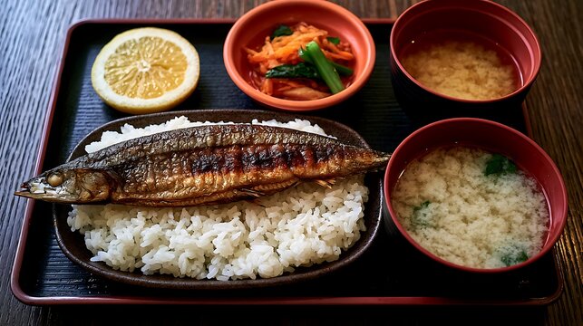 A traditional Japanese set meal featuring grilled saury fish served over steamed white rice. This authentic dish is perfect for restaurant menus or culinary websites.
