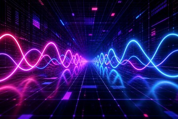 Fototapeta premium Neon waveform lines propagating through digital grid