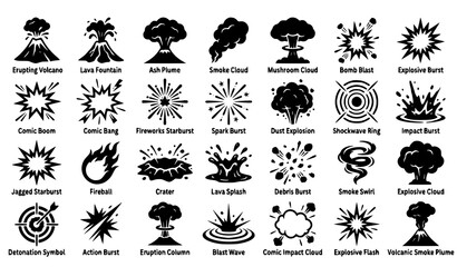 Comic explosion and volcano silhouette vector icon set with eruptions bomb blasts fireworks smoke clouds and impact bursts isolated on white background © Md