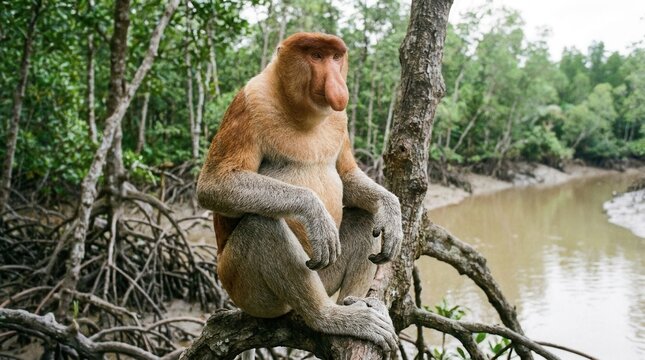Majestic Proboscis Monkey Sits Gracefully Amidst Mangrove Forest Ecosystem.