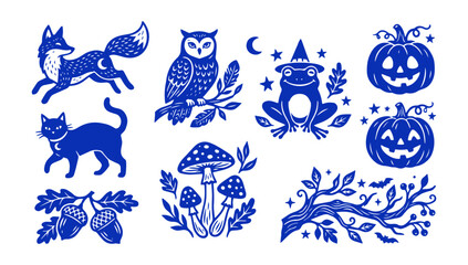 Fototapeta premium Halloween icons set with blue illustrations of animals, pumpkins, and plants on white background, Linocut, wood cut