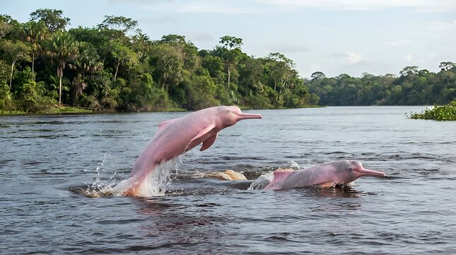 A pair of rare pink river dolphin leaps joyfully from the surface of a tranquil river, surrounded by lush, vibrant Amazonian rainforest.