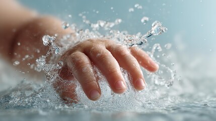 Fototapeta premium Tiny hand reaches into bubbly, sparkling water.