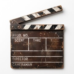 Fototapeta premium Vintage rustic wooden movie clapperboard with realistic wear and scratches isolated on a clean white background