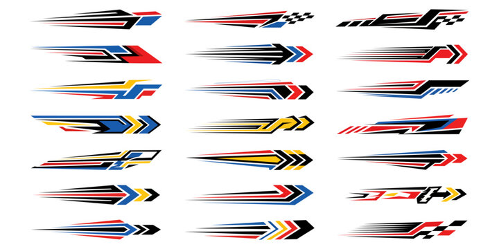 Set of colorful racing decals and speed stripes for car vinyl wrap design with dynamic arrow and checkered patterns