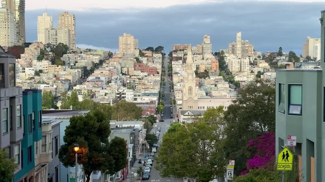 San Francisco, USA - September 10, 2025: Early morning view from Telegraph Hill overlooking Russian Hill and downtown San Francisco. Soft morning light highlights the city's iconic urban skyline.