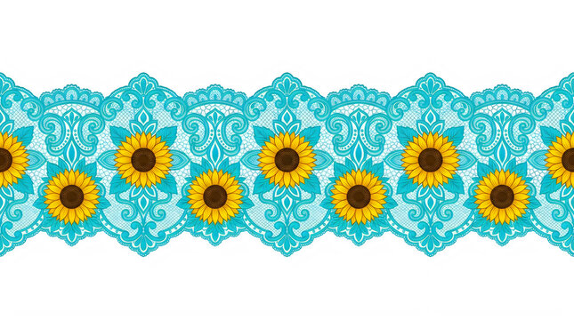 blue sunflower floral lace border with intricate embroidery pattern for feminine fashion design and elegant textile decoration isolated on transparent background high resolution