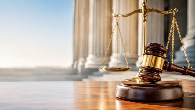 Gavel and scales of justice on courthouse steps representing legal system, law, and fairness concept