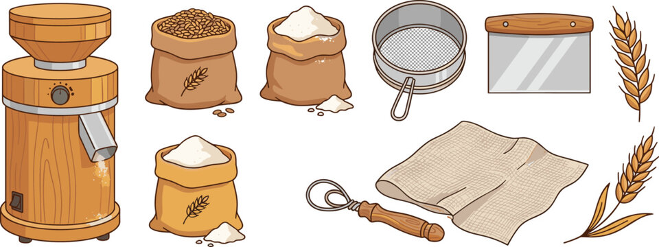 Traditional Home Flour Milling and Baking Tool Set with Electric Stone Grain Mill, Grain Sacks, Sifter, Whisk, Proofing Cloth, and Wheat Ears,