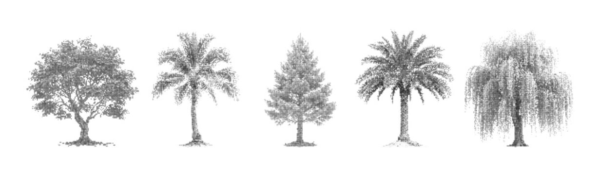 Set of various halftone dotted tree silhouettes, isolated on a transparent background