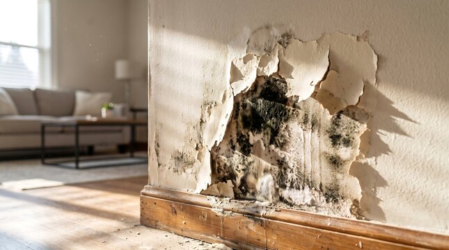 Black mold peeling wall water damage home interior
