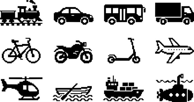 Retro pixel art transport icons set for website mobile app and digital user interface design.
