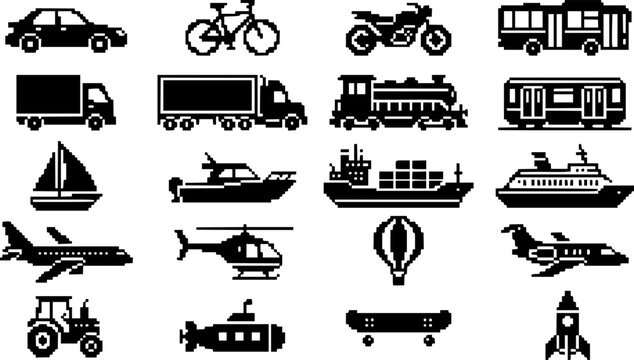 Retro pixel art transport icons set for website mobile app and digital user interface design.
